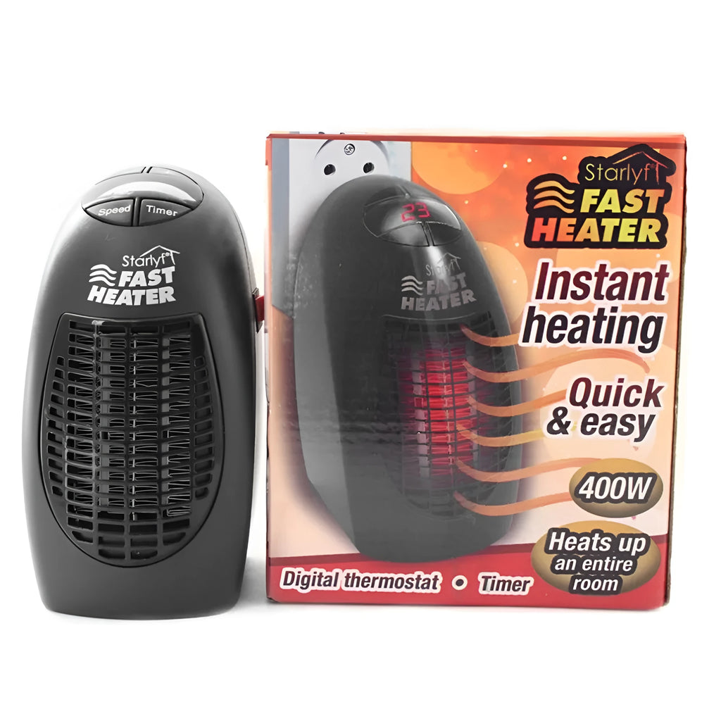 Black mini ceramic electric heater with digital display and a rotating plug on a white background.