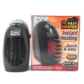 Black mini ceramic electric heater with digital display and a rotating plug on a white background.