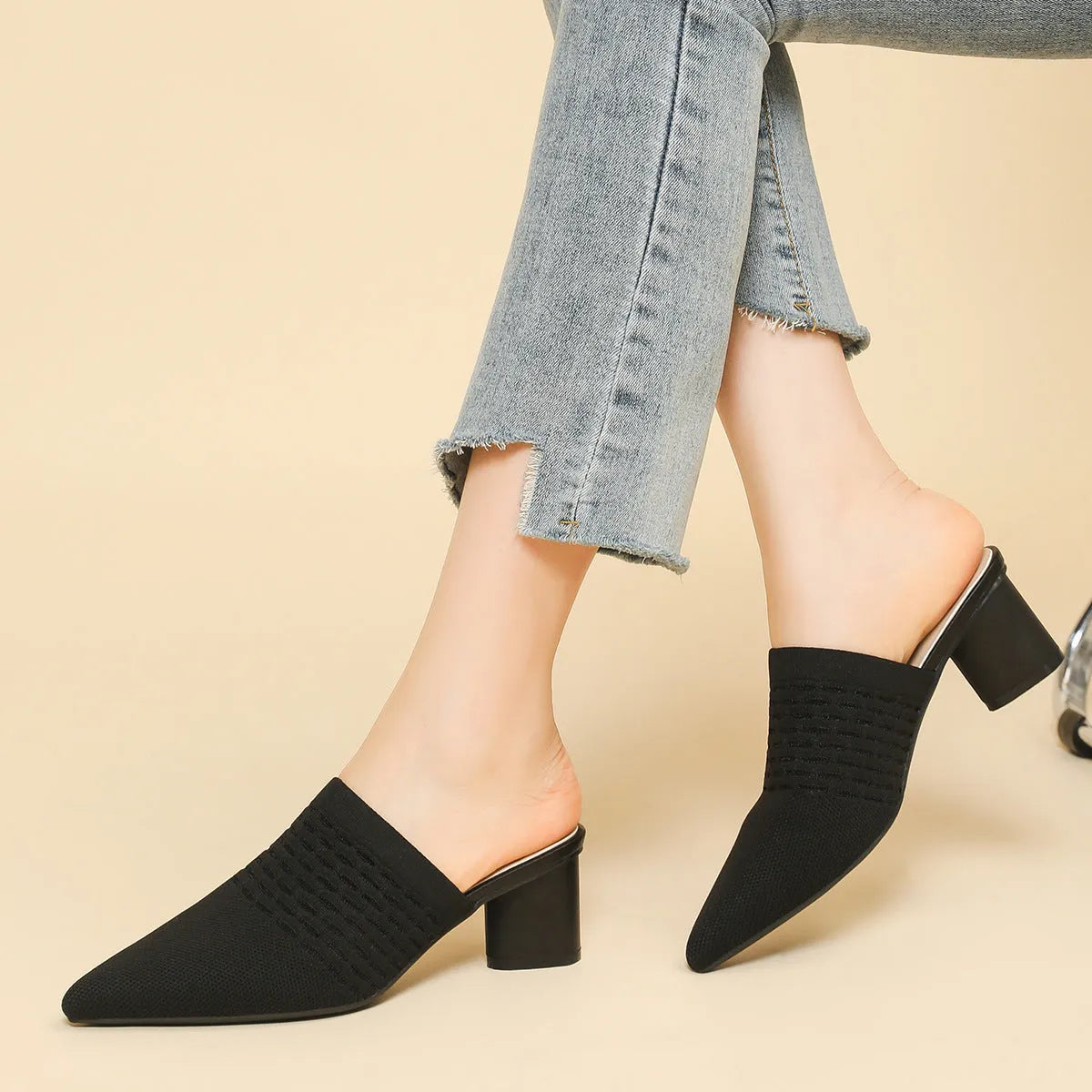 Women's black pointed toe sandals with fabric upper, toe cap, and chunky 5cm block heel