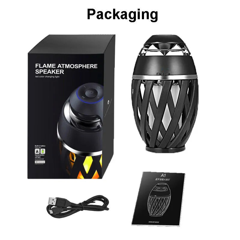 Black LED Flame Speaker with realistic flame light effect on a table