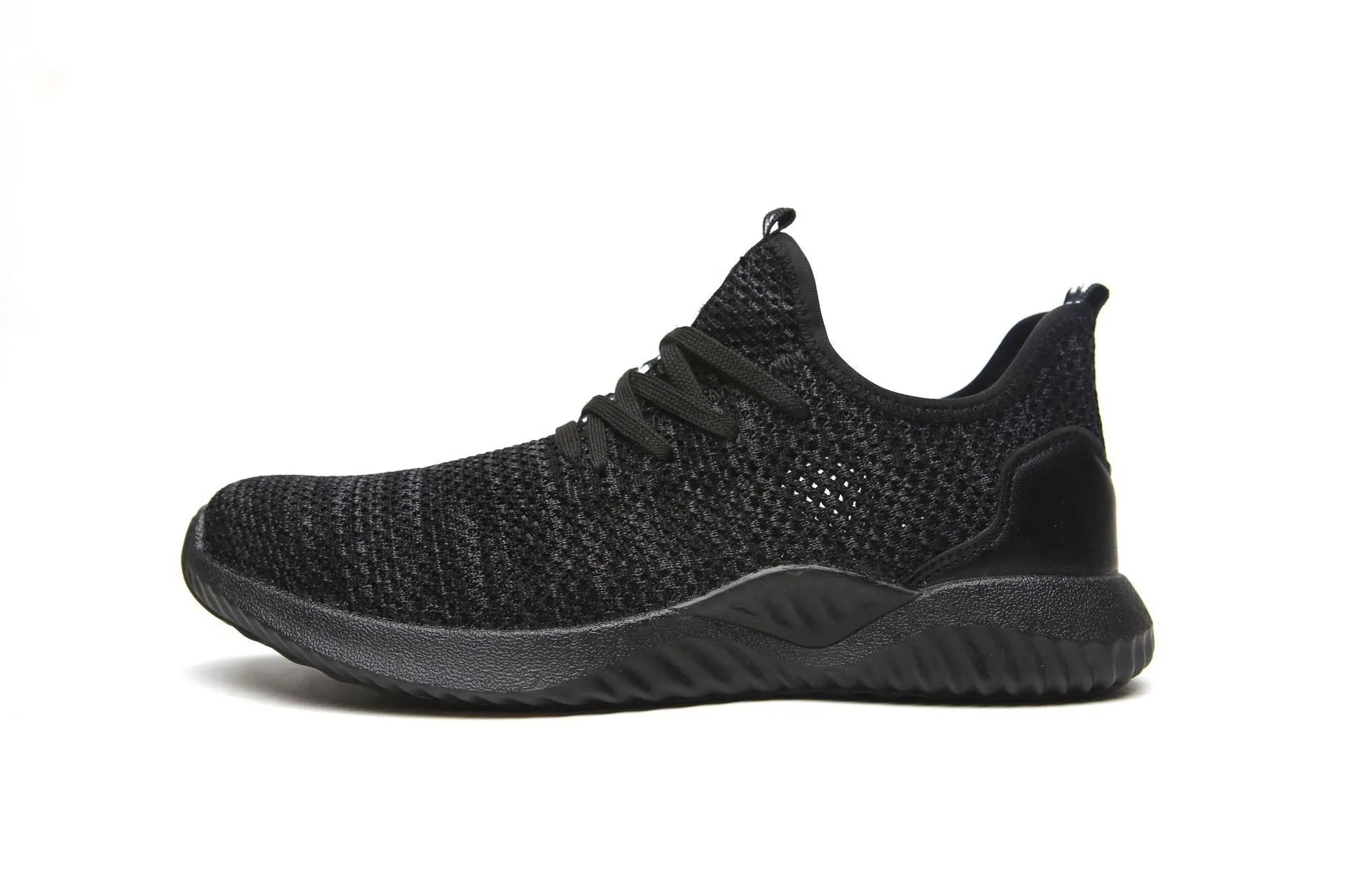 Black low-cut work safety shoes with a visible steel toe cap and textured EVA sole.