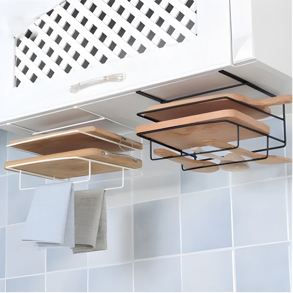 Double-layer iron kitchen storage rack holding towels and chopping board, black finish, wall mounted