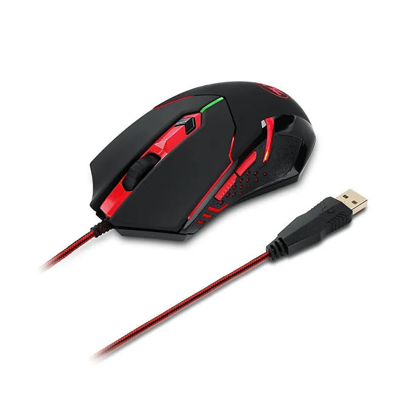 Black and red wired USB optical gaming mouse with six buttons and ergonomic shape