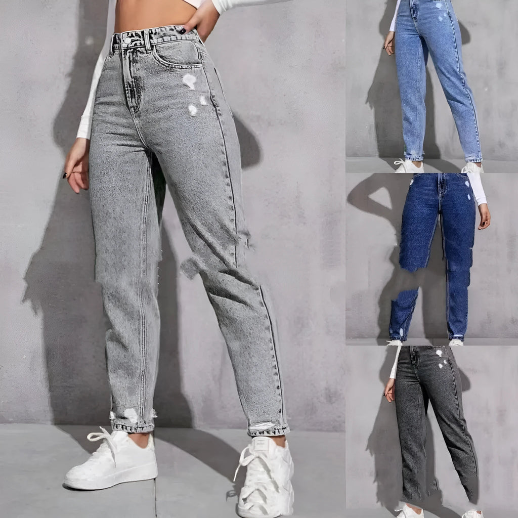 Women's casual ripped washed skinny jeans nine-part calf length high waist denim cotton blend medium stretch light blue