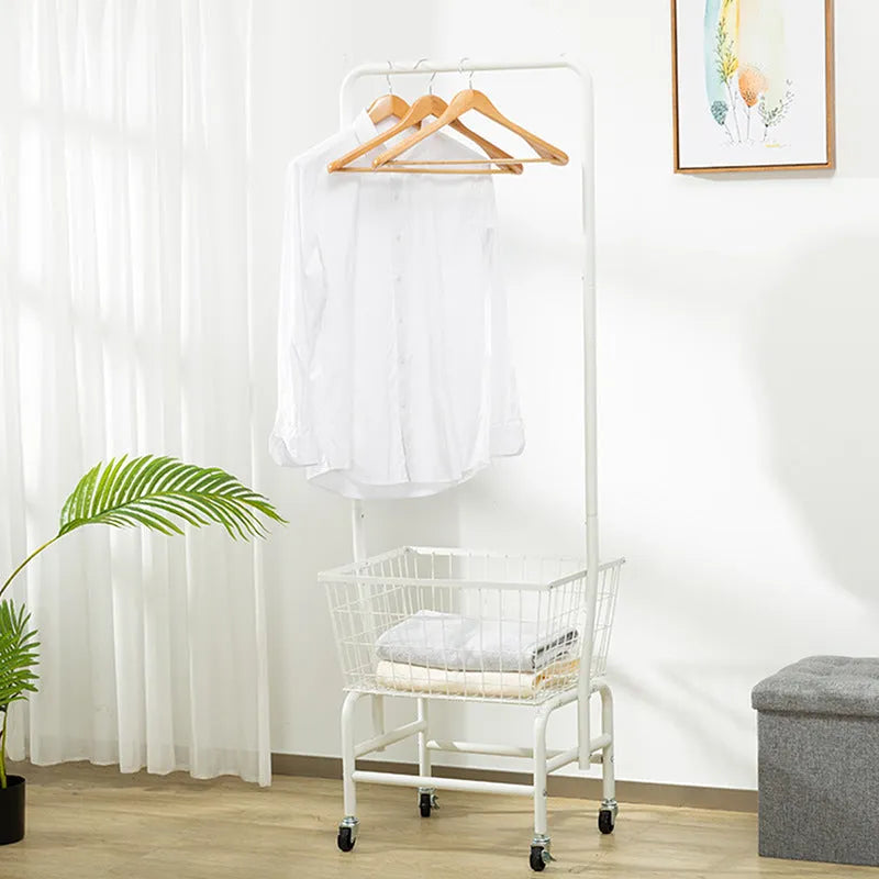 Single rod iron pulley storage car in white colour with clothes hanger