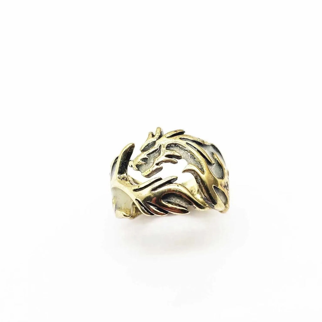 Adjustable Chinese style ring with luminous dragon pattern in antique silver blue and green electroplated metal