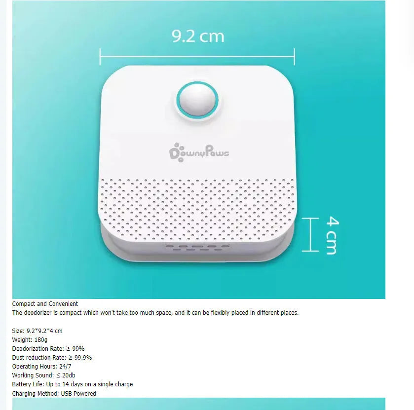 White DownyPaws smart cat litter odor purifier with USB cable, showing compact 9.2cm by 9.2cm dimensions.