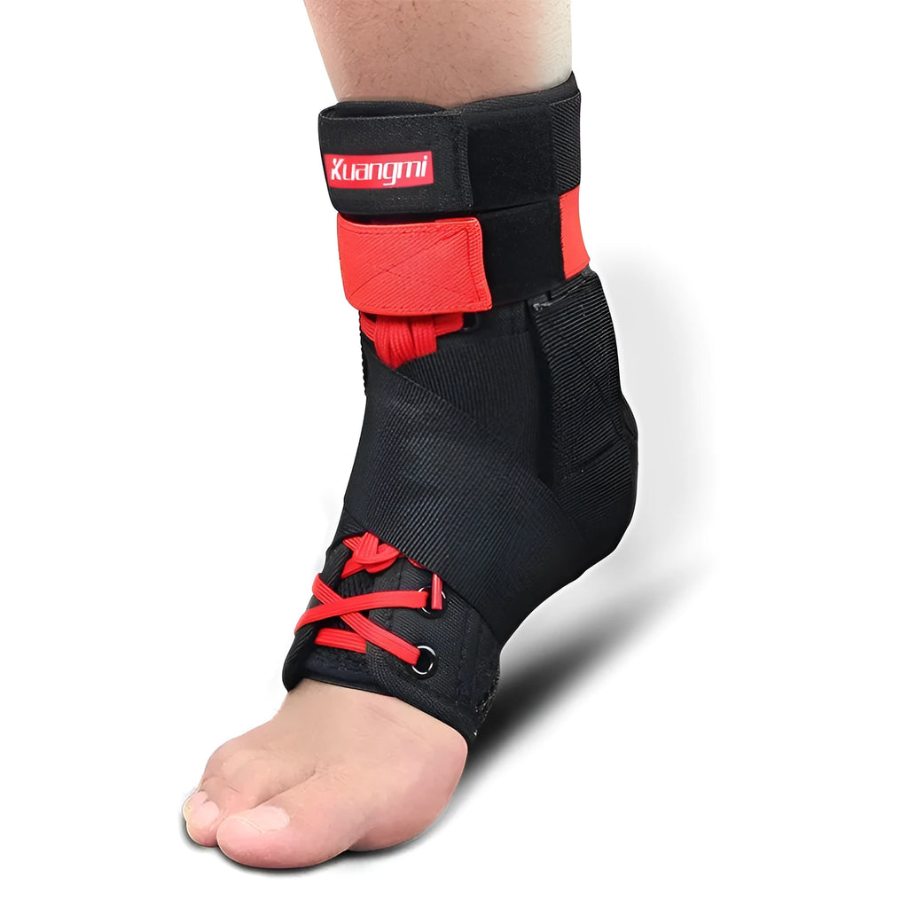Kuangmi adjustable ankle brace in black red with straps for sport support