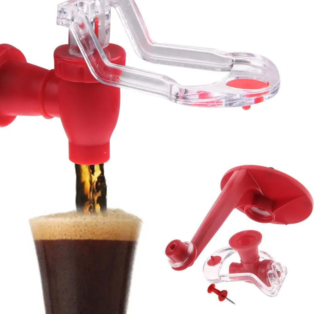 Red plastic Magic Tap soda dispenser attached to an inverted 2-litre bottle.