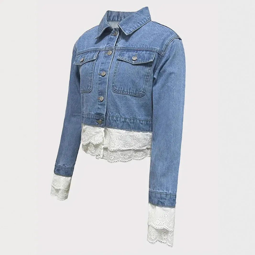 Blue women's denim jacket with lace stitching trim on long sleeves