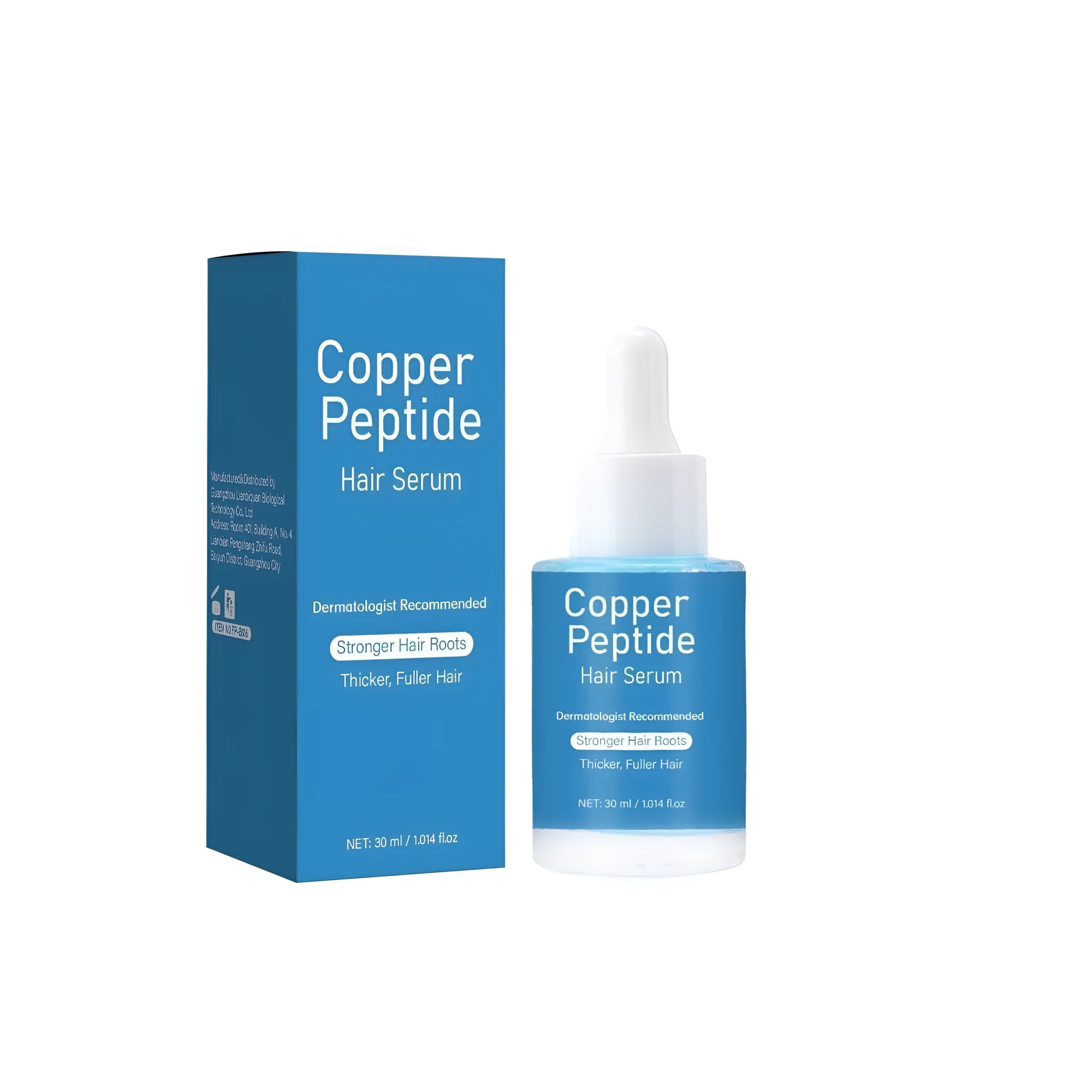 Square glass bottle of copper peptide hair oil with a pump dispenser, 30ml capacity.