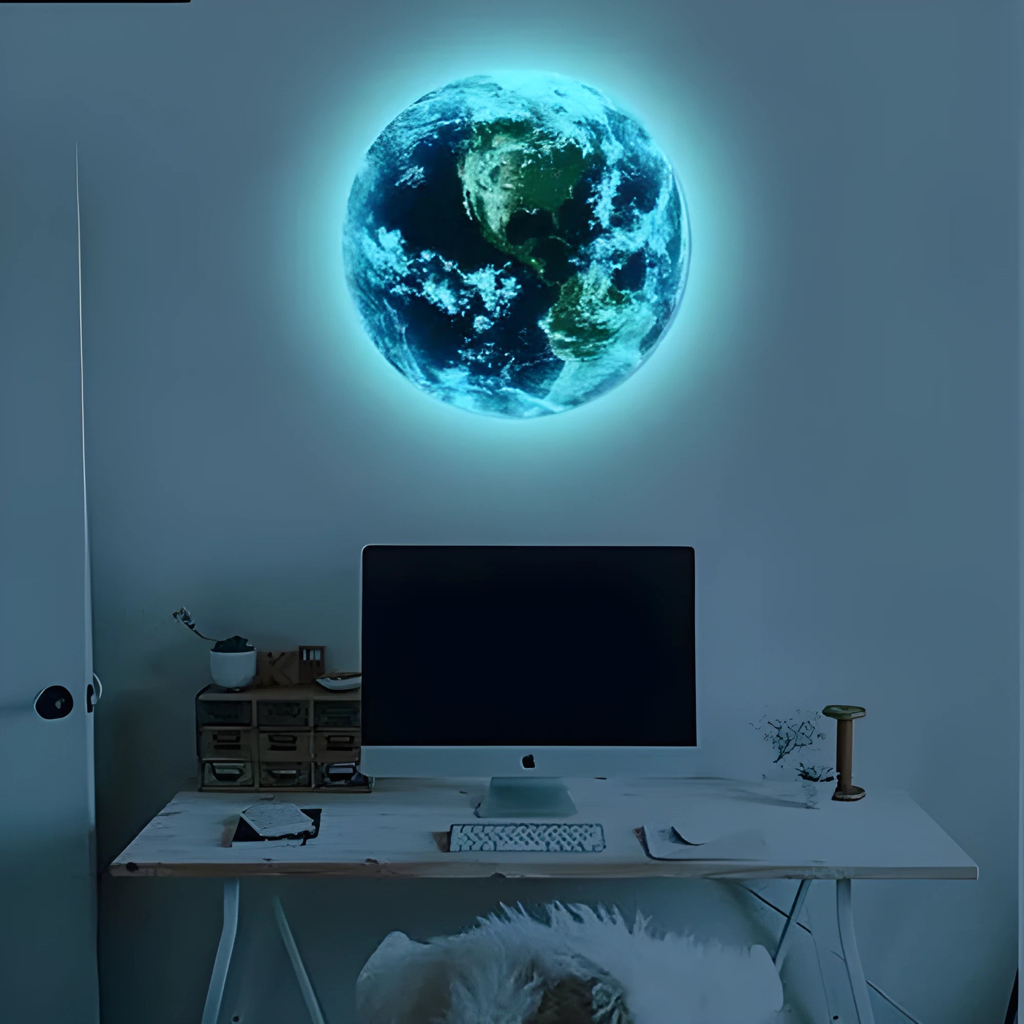Glow-in-the-dark 3D Earth planet wall sticker showing luminous effect in darkness