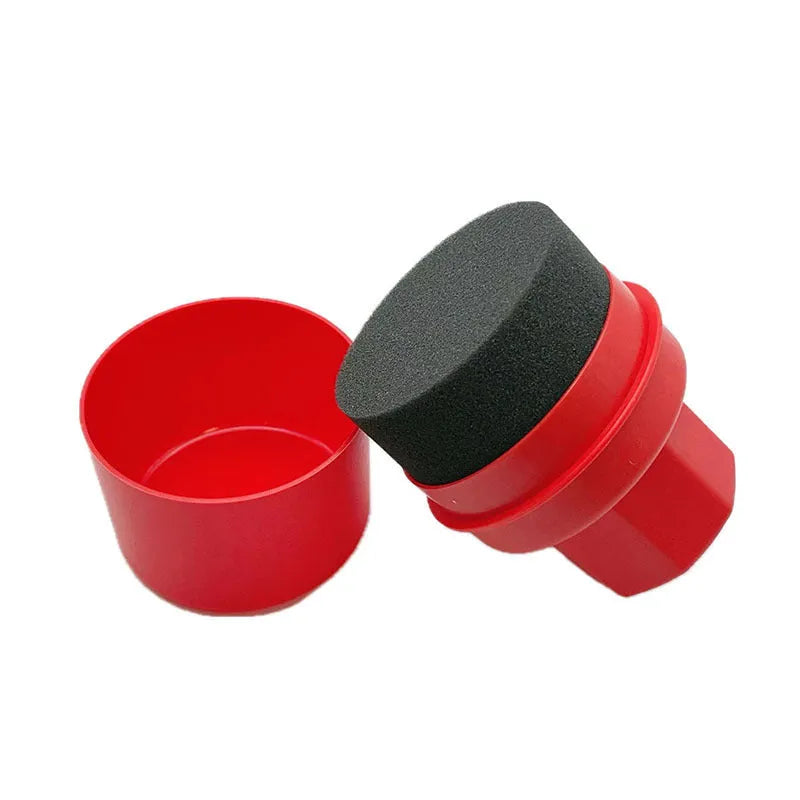 Hand-held car tyre polishing sponge brush with a black high-density sponge and a white PP plastic handle and lid.