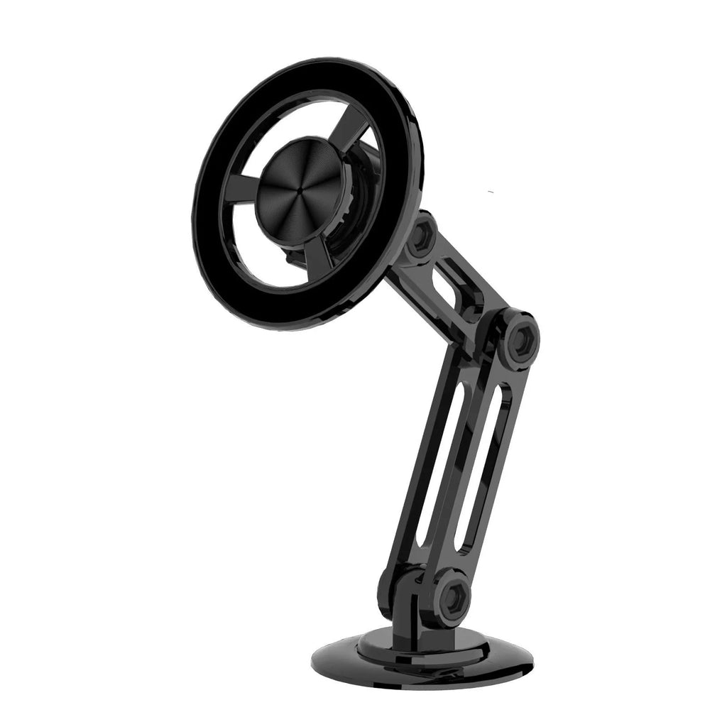 All-metal magnetic car phone holder in black, mounted on a car dashboard, holding a mobile phone.