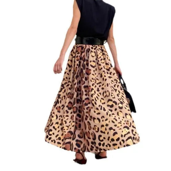 Brown leopard print women's A-line long skirt with big hem design on mannequin