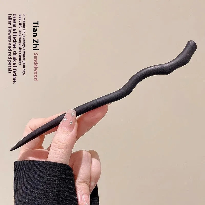 Chinese style ebony hairpin with electroplated alloy and floral ancient design