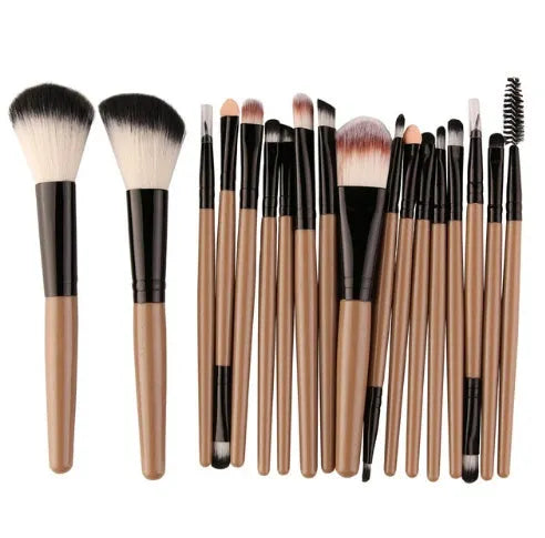 18-piece makeup brush set showing various brush shapes including fan tools for powder and contouring