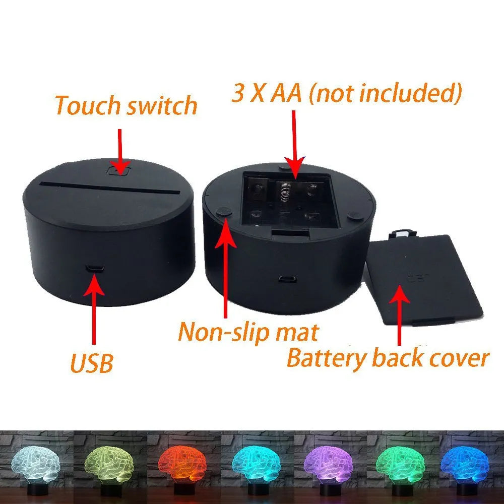 3D acrylic brain illusion LED desk lamp with colour-changing lights on black ABS base