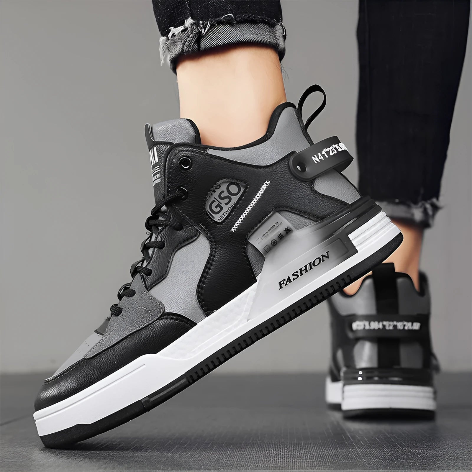 Men's high-top canvas sports casual shoes in black and gray, with slingback style and flat heel