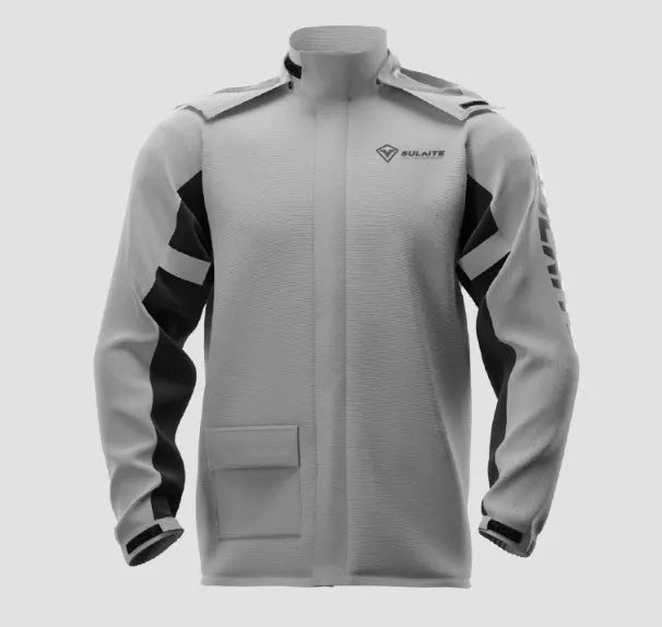 Motorcycle rain suit with split raincoat, trousers, hidden shoe covers and storage bag