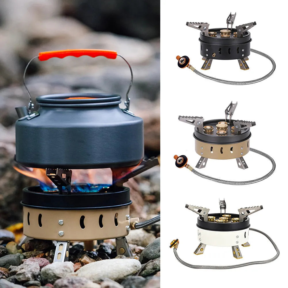 Portable windproof gas stove set with butane fuel burner 11000W for outdoor camping cookout, dark khaki colour