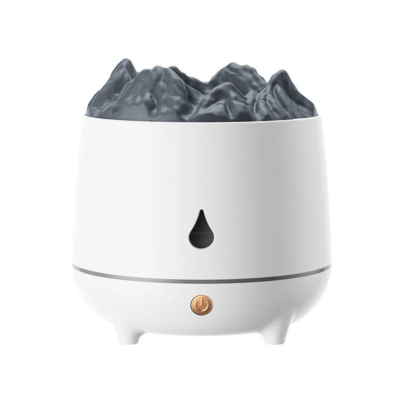 White or black volcano-shaped ultrasonic humidifier with USB cable for rooms up to 20 square metres.