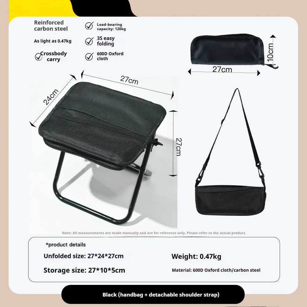 Lightweight foldable outdoor camp stool in Oxford cloth, shown folded and unfolded in khaki colour.