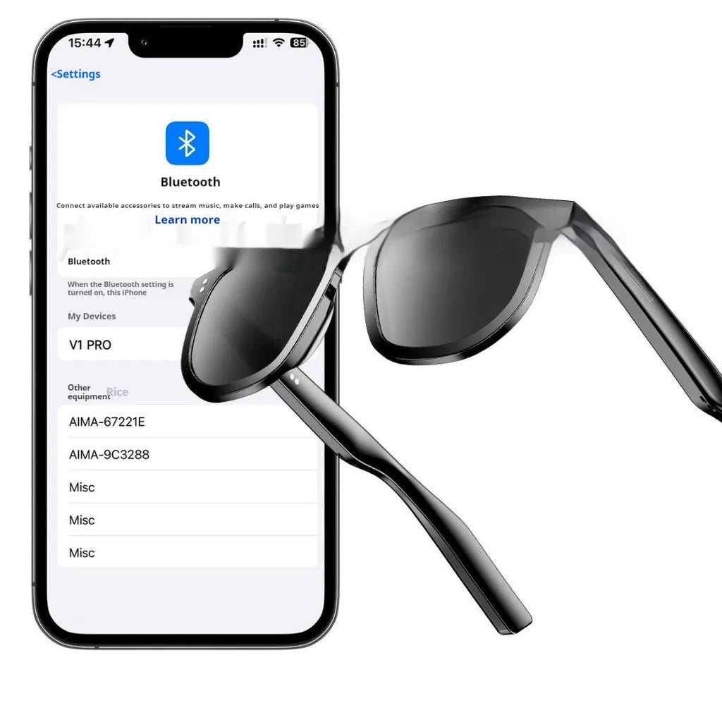 Black AI Smart Bluetooth sunglasses with touch controls on the frame.
