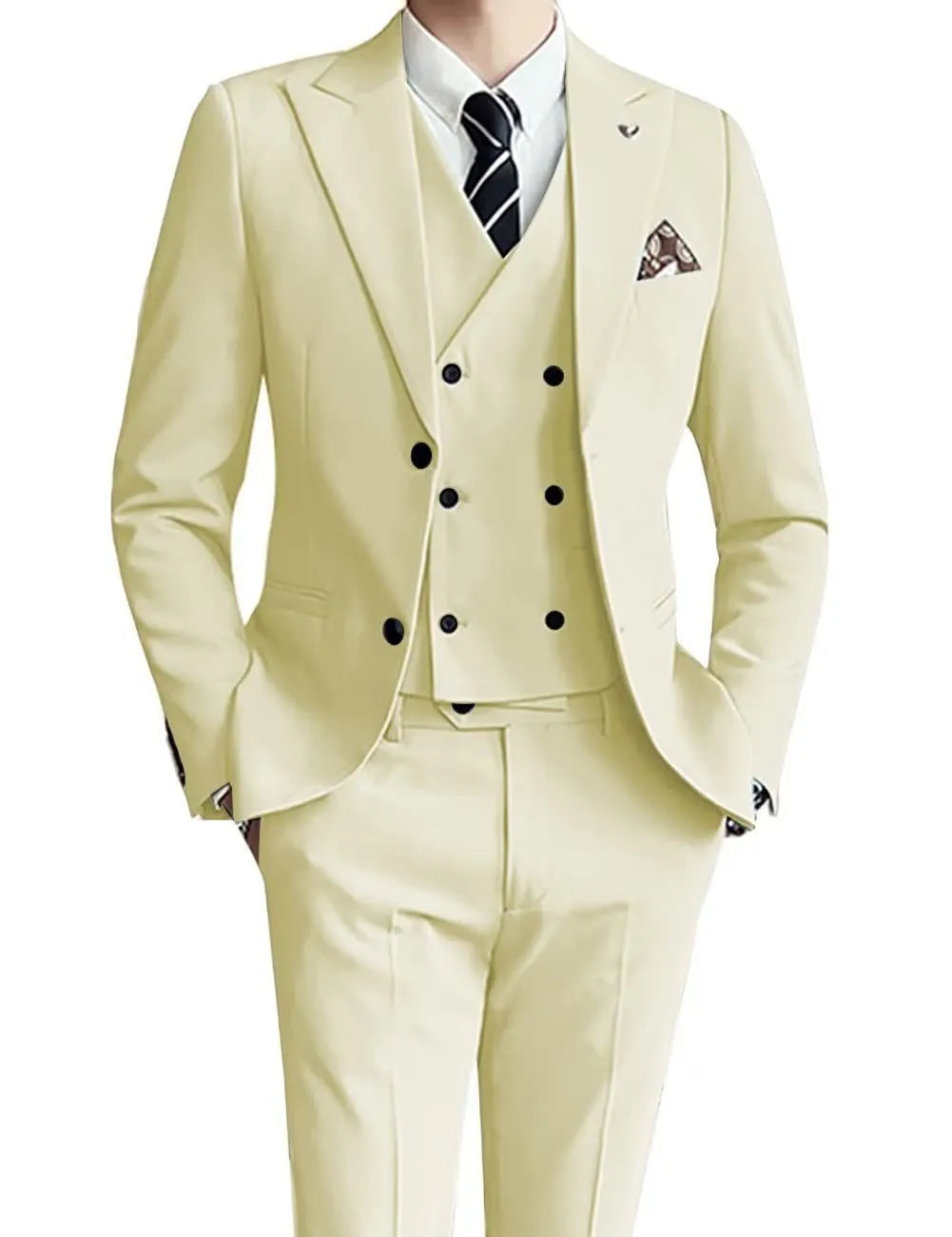 Men's three-piece suit set in linen blend fabric with jacket, waistcoat, and trousers, colour silver grey, front view