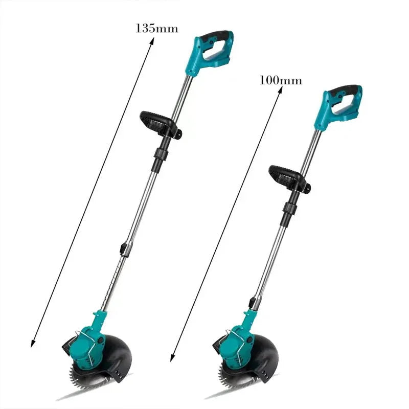 Folding electric lawn mower with telescopic handle and three interchangeable blades on green background