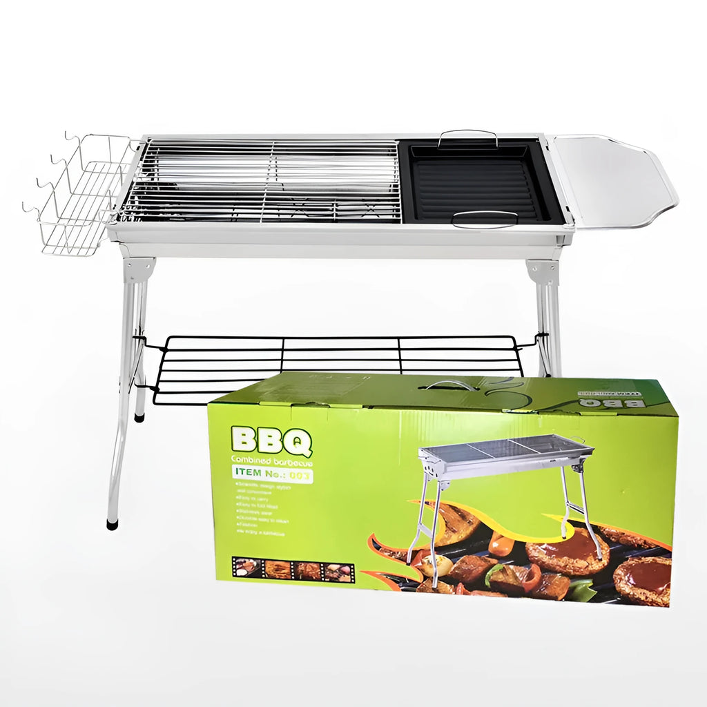 Stainless steel portable barbecue oven with flip design and charcoal cooking accessories