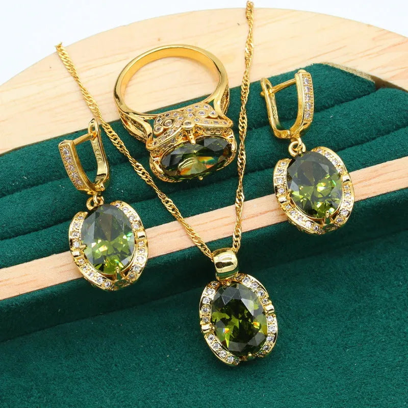 Women's rhinestone zircon jewellery suit with necklace, earrings, and ring on snake bone chain