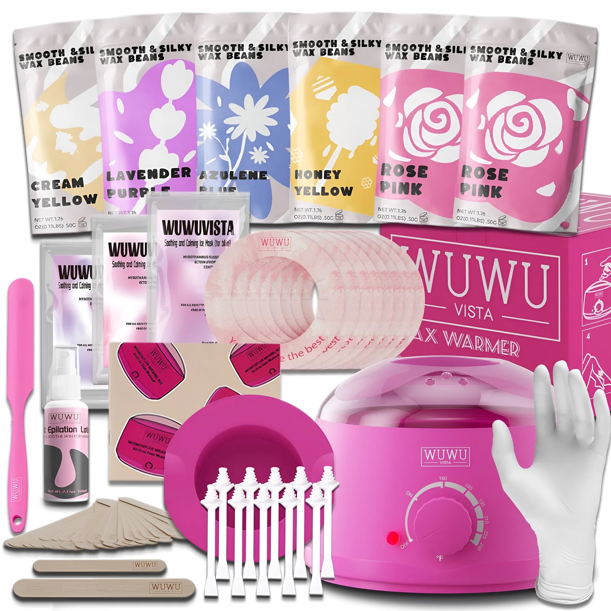 WUWUVISTA 56-piece professional waxing kit with smart warmer, six wax formulas, silicone applicators, and aftercare products