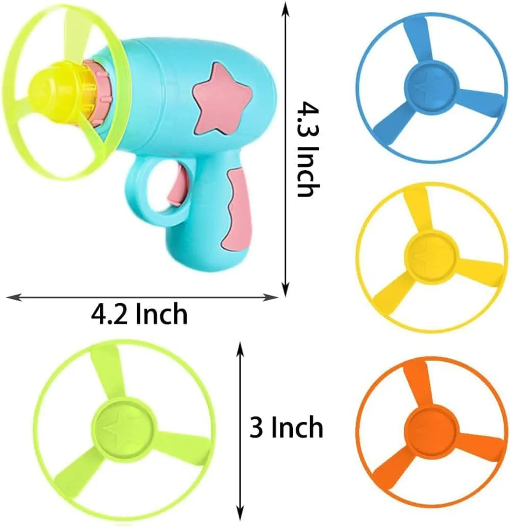 Blue interactive cat toy gun with plastic Frisbee mounted on launch mechanism