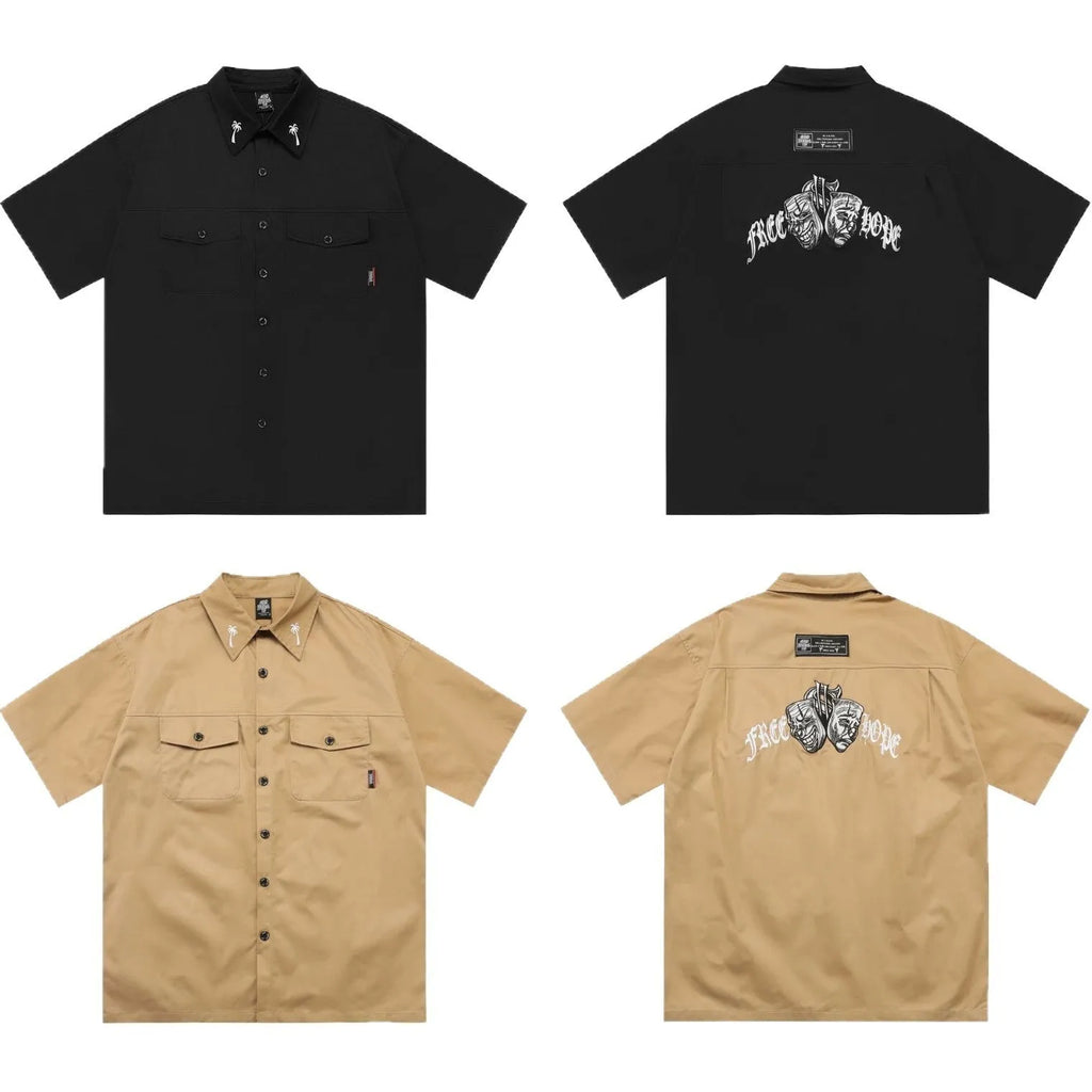 Men's black cotton blend pocket shirt with embroidery detail and half sleeves in loose plus size fit