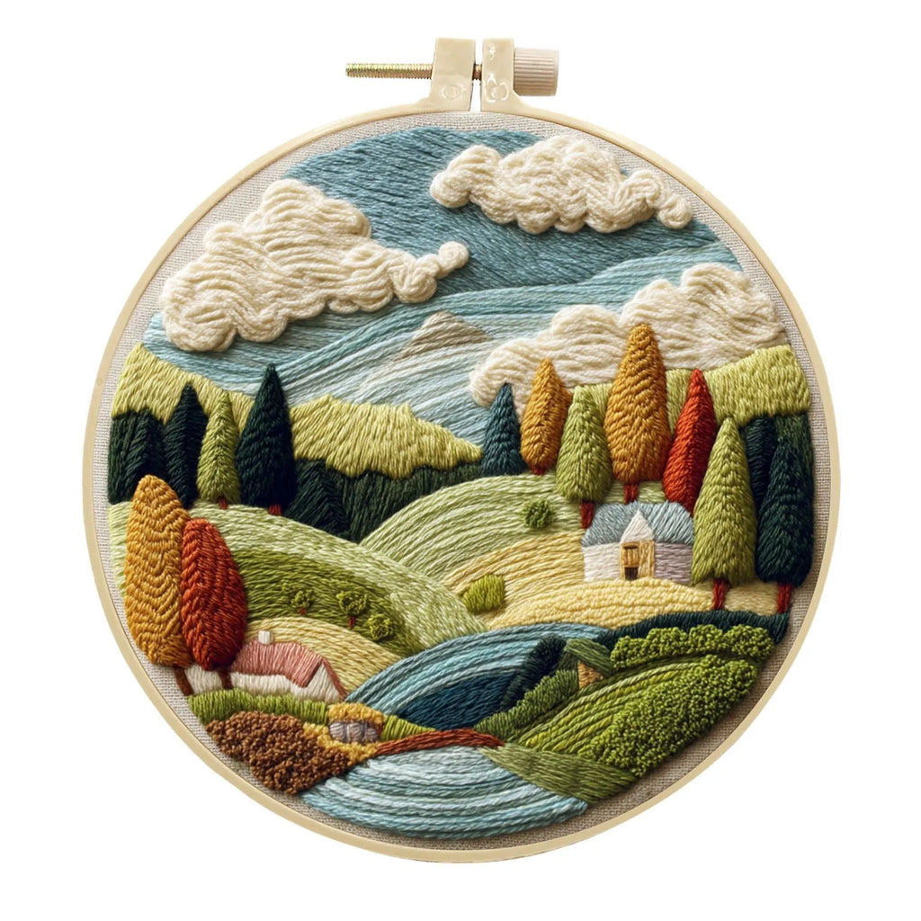 Landscape embroidery DIY kit with cotton fabric, threads, needles and bamboo frame