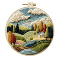Landscape embroidery DIY kit with cotton fabric, threads, needles and bamboo frame