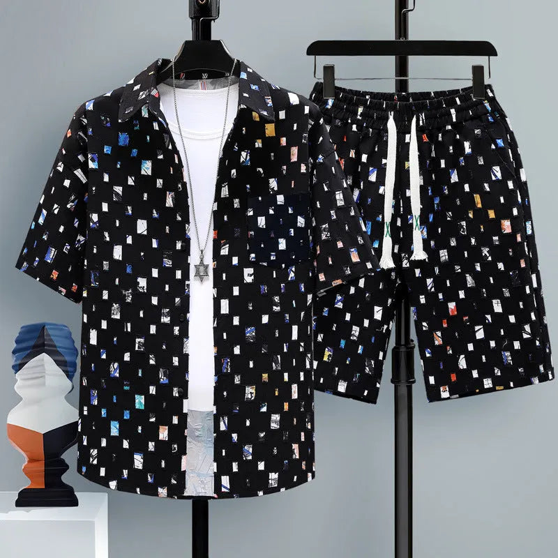 Men's grey casual short sleeve top and matching shorts two-piece set on a hanger.