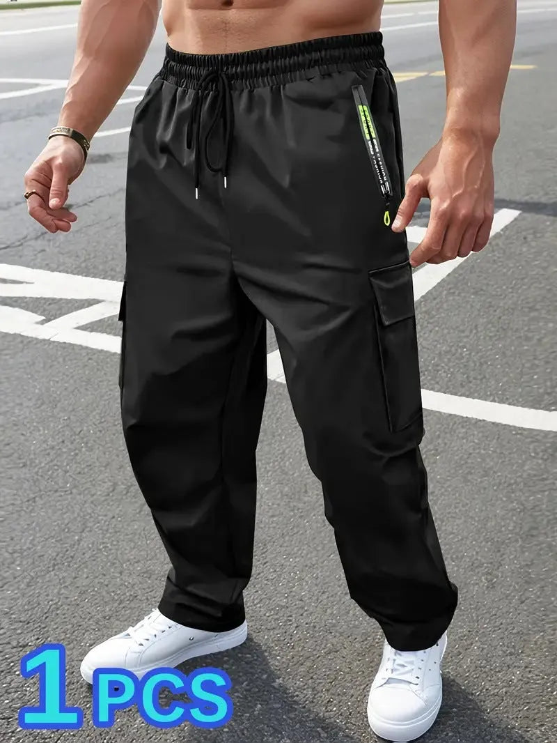 Men's retro cargo pants straight leg drawstring wrinkle-free polyester black gray dark blue military green autumn