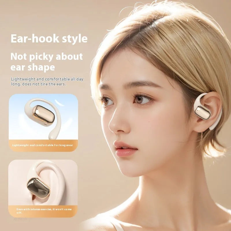 Ear-mounted wireless headphones with digital display screen in black, skin colour, or white colours