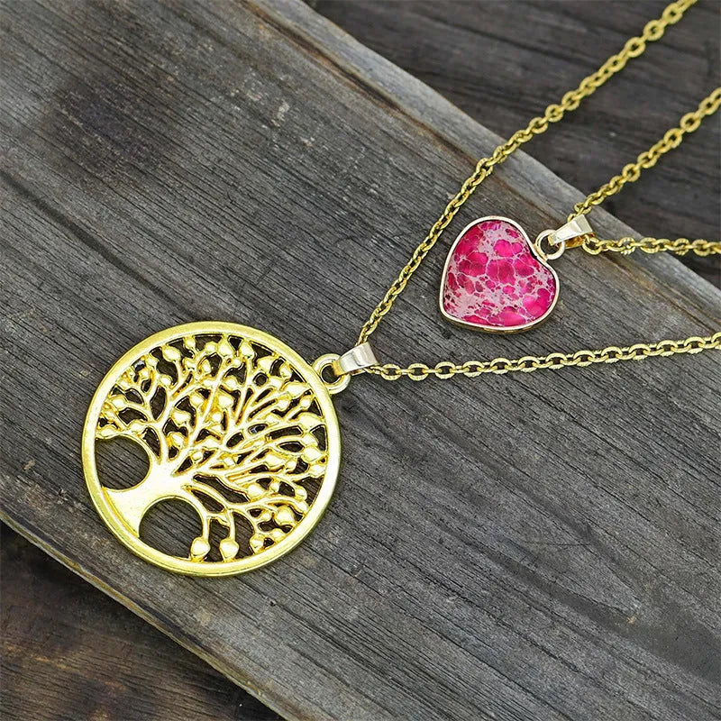 Red heart emperor stone tree of life pendant necklace on chain, 2.5cm pendant, 45cm length