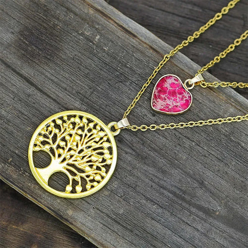 Red heart emperor stone tree of life pendant necklace on chain, 2.5cm pendant, 45cm length