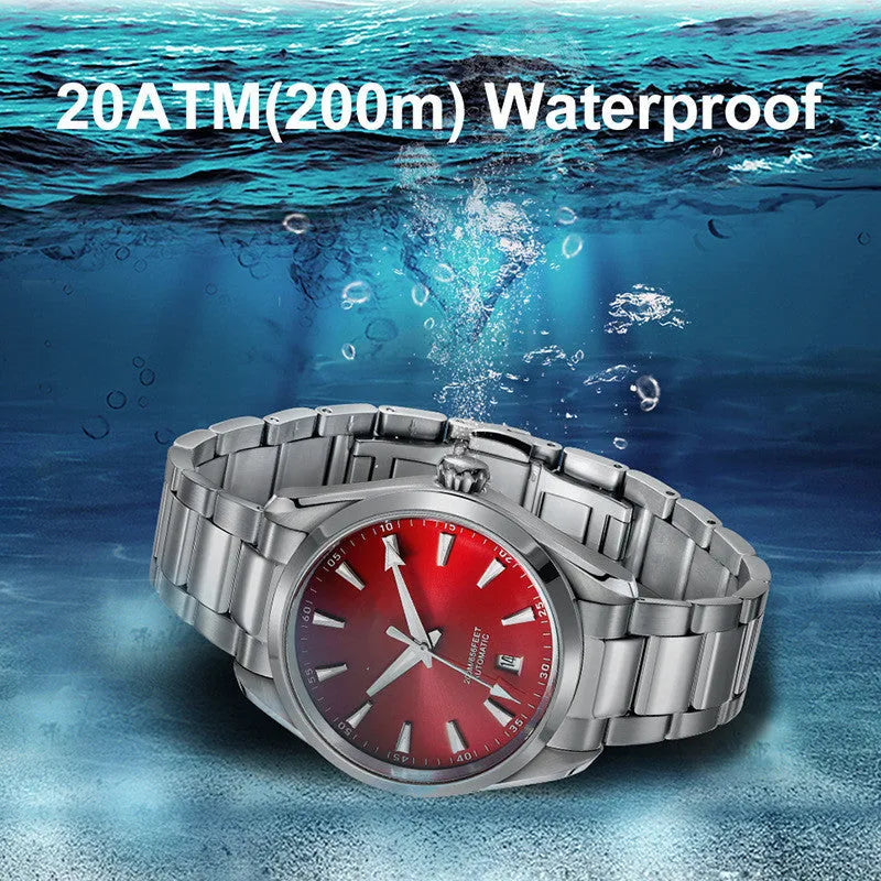 Men's stainless steel automatic watch with SEIKO NH35 movement, black dial, and butterfly clasp on a white background
