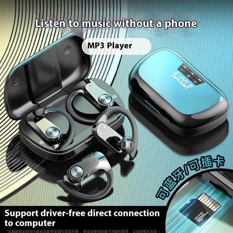 Sports running in-ear headset in black Q2S with ear hook design and digital display