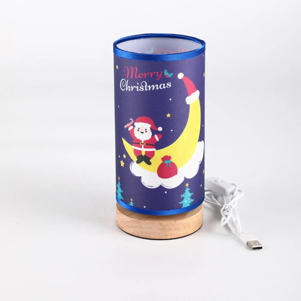 European-style Moon Santa Claus LED night light with bamboo base and USB plug.