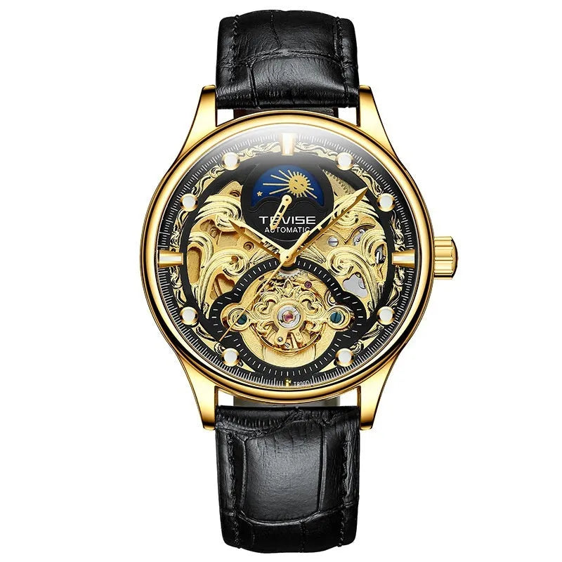 Men's automatic mechanical watch with leather strap showing luminous hands and clear dial markings
