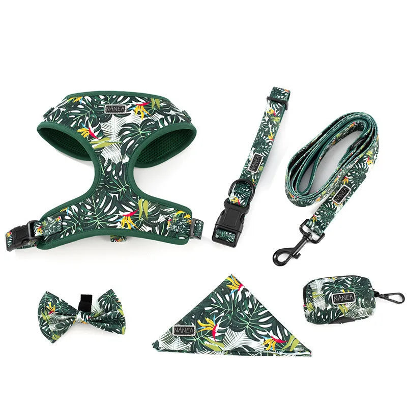 Adjustable cloth vest dog harness set with haulage rope, collar, bow tie, scarf, and pick-up bag in various colours.