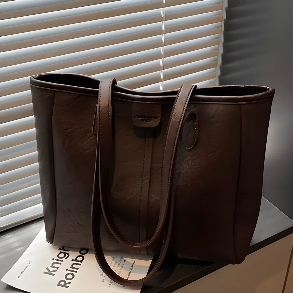 Women's large capacity PU shoulder bag in black with double straps, 37cm top width, 29cm height