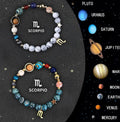 Set of natural stone beaded bracelets showing different Chinese zodiac animal charms on a string.