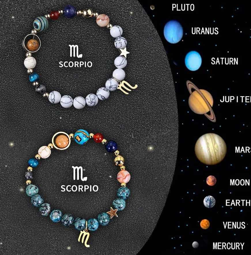 Set of natural stone beaded bracelets showing different Chinese zodiac animal charms on a string.
